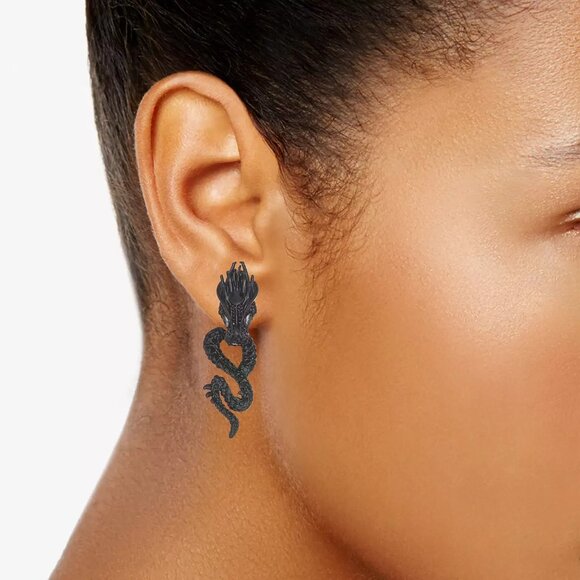 Simply Vera Wang Black Tone 3D Dragon Floater Earrings Faux Crystal Stones Goth - Picture 3 of 6